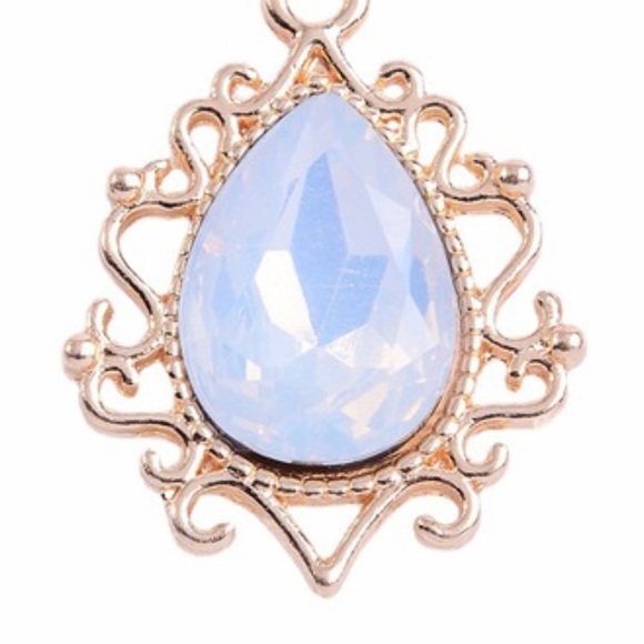 “Andean Opal Lace Teardrop” Milky Blue Filigree Ornate Victorian Steel Earrings - Picture 3 of 8